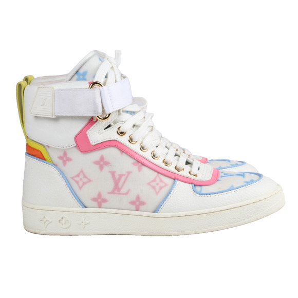Louis Vuitton Lace Up Boombox High Top Sneakers Blue Pink White Leather LV Sz 37 - Picture 2 of 15